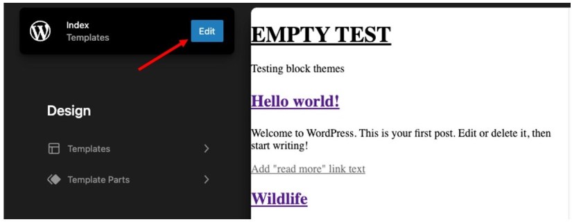 Wordpress Site Editor screen with navigation panel open and highlighting the Edit button.