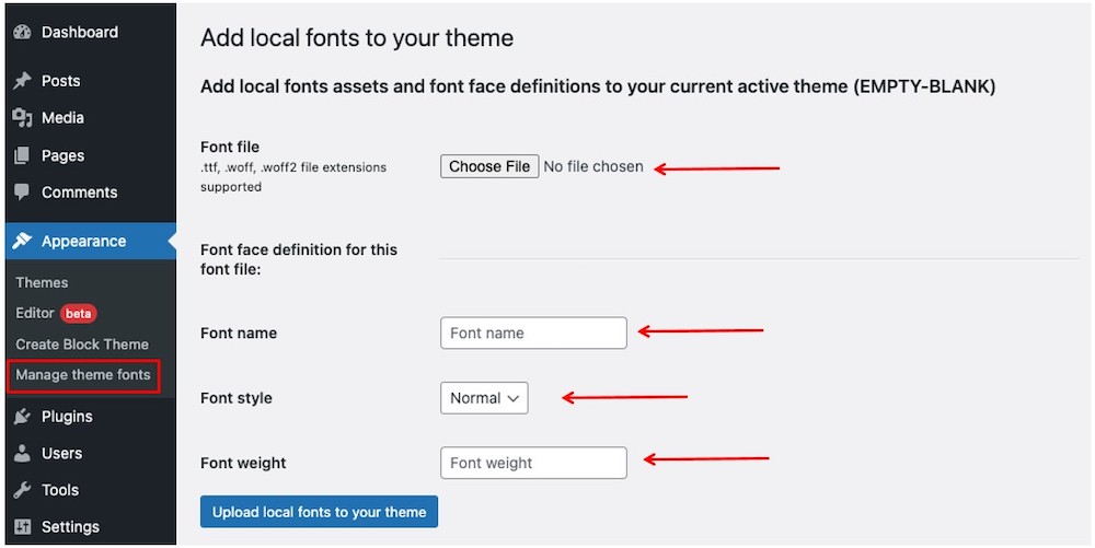 Add local fonts to your theme screen with options to upload a font file and set its name, style, and weight.