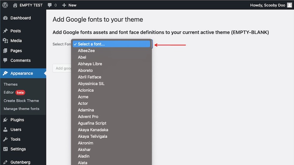 Add Google Fonts to your theme screen with the select font menu open showing a list of available fonts.