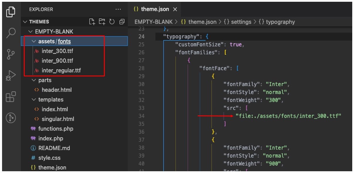 VS Code file explorer on the left showing Inter font files; theme.json on the right showing Inter references.