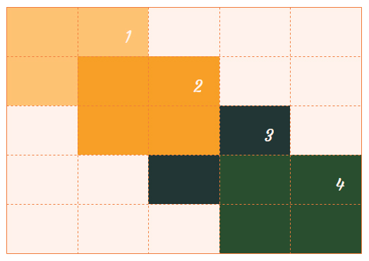 A five by five grid with four overlapping rectangles stacked diagonally from the top-left corner of the grid to the bottom-right corner. The second rectangle is on top of the stack.