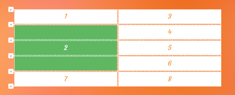 A two-by-five layout where the second item is green, in the first column and spans the second, third, and fourth rows.