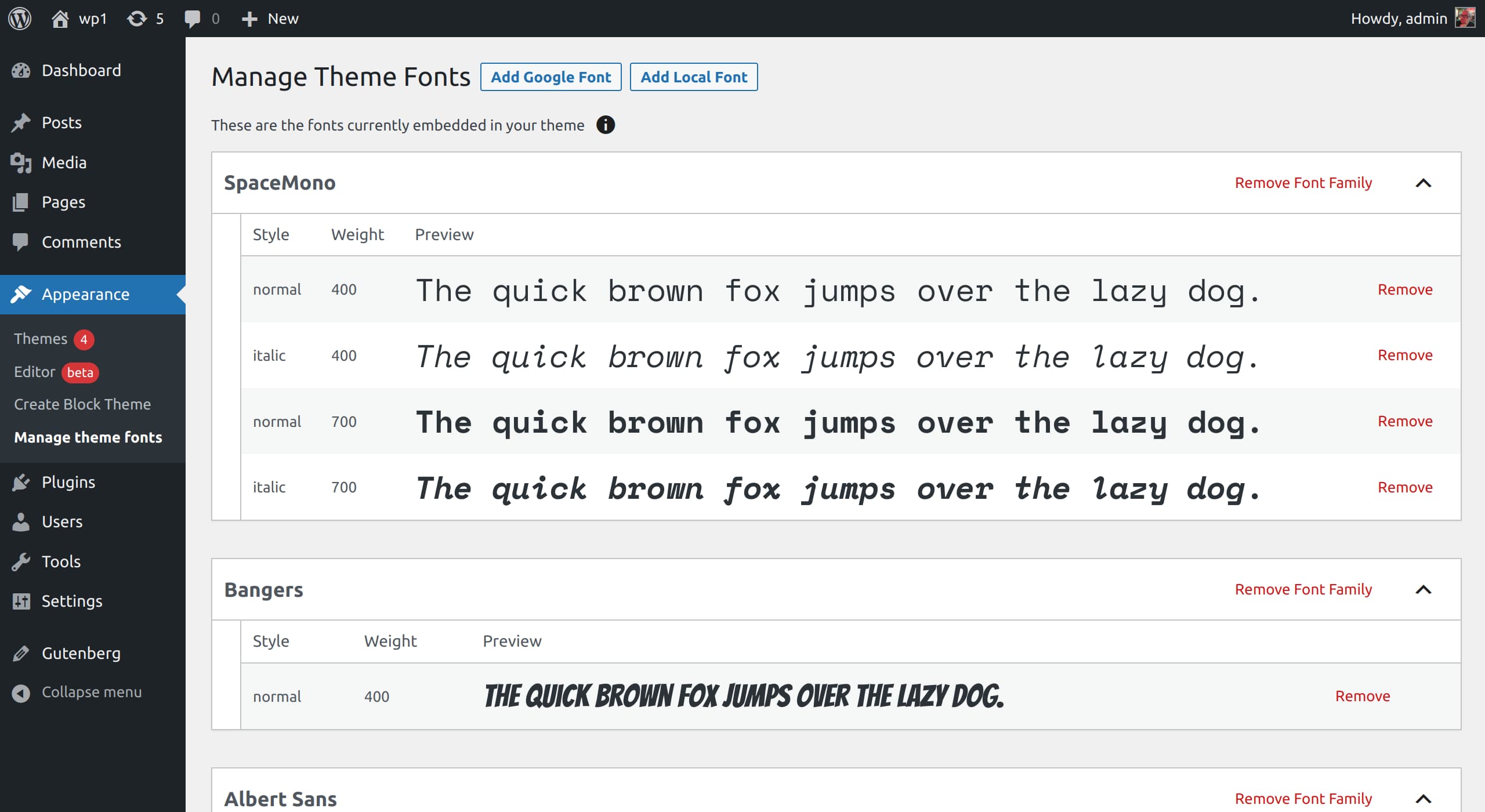Manage Theme Fonts screen with type samples for Space Mono.