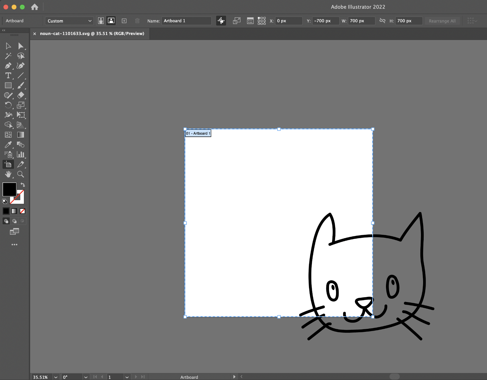 Cat line art with part of the drawing outside the artwork area in Illustrator.