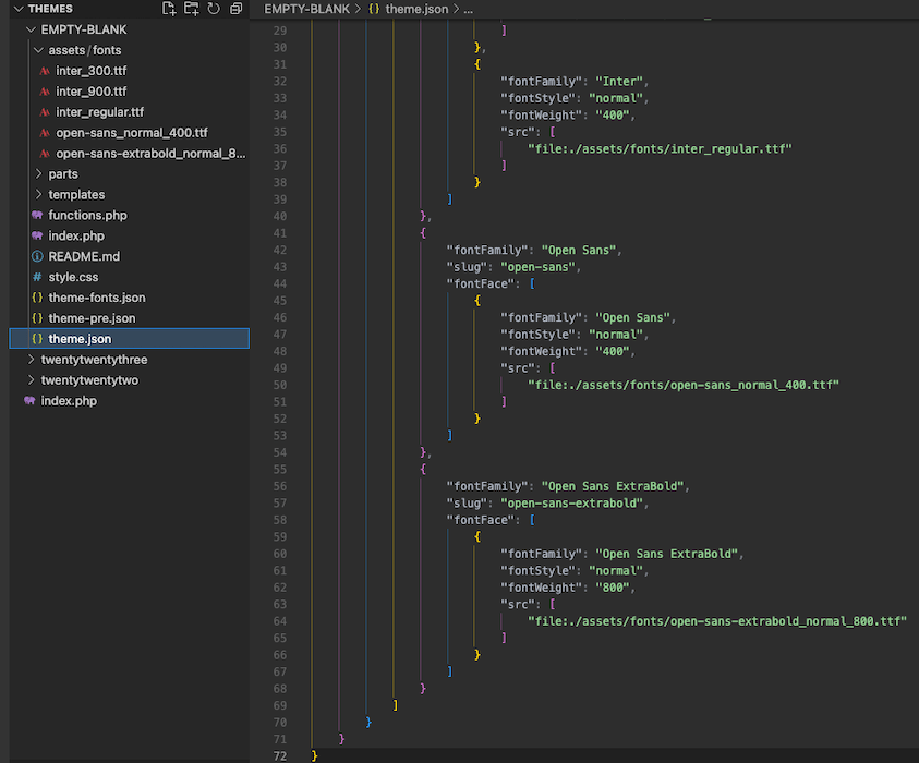 VS Code showing the font files and the theme.json file references to the font.