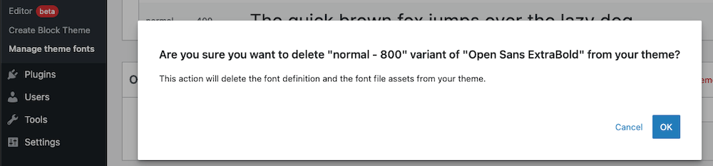 Modal confirming the font deletion.