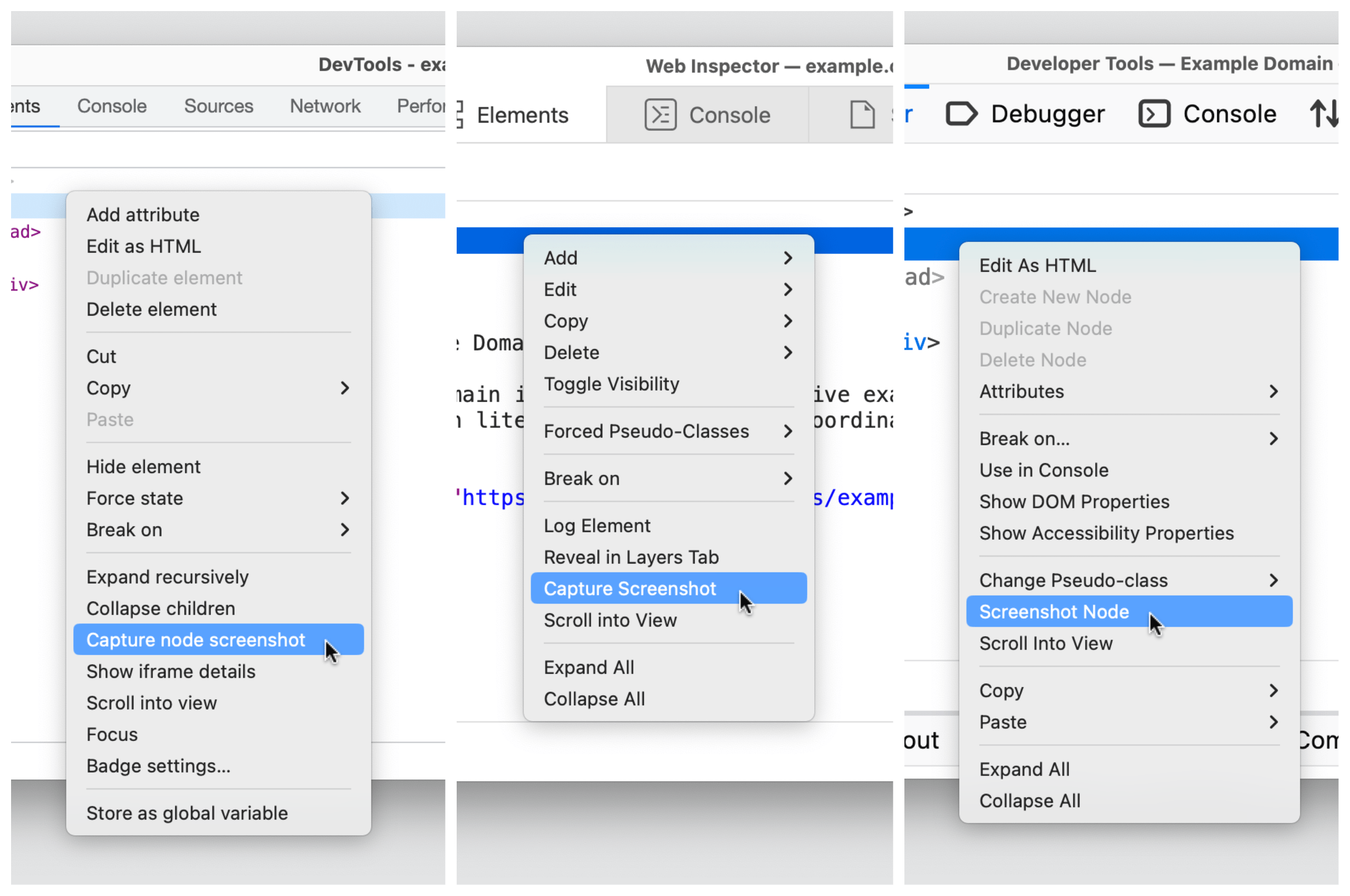 Screenshot of DevTools in all three browsers.