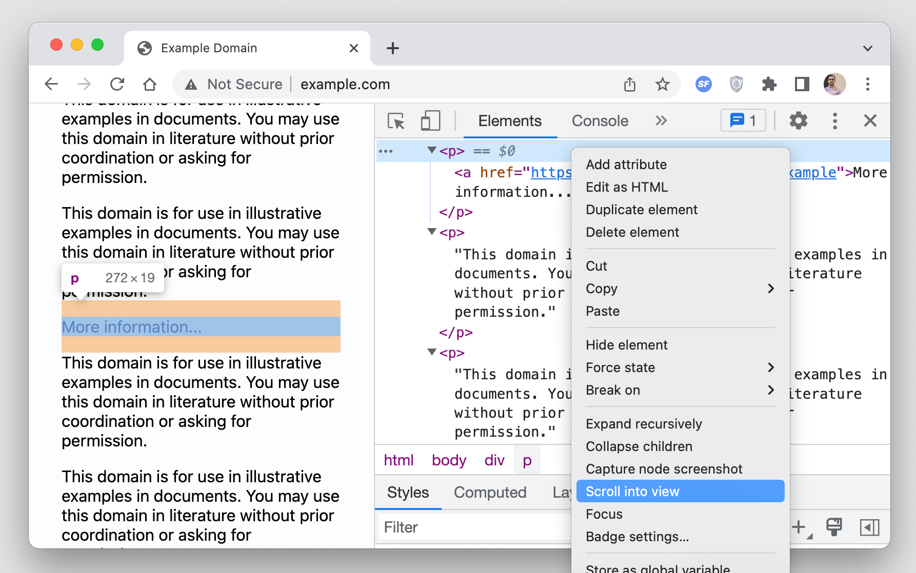 Showing a highlighted node on a webpage with a contextual menu open to scroll into view