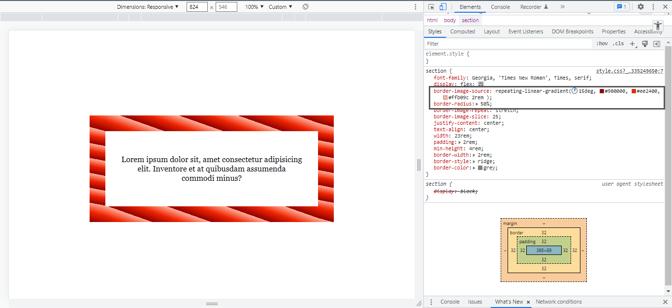 A blockquote with a grdient border-image-source and DevTools open next to it.
