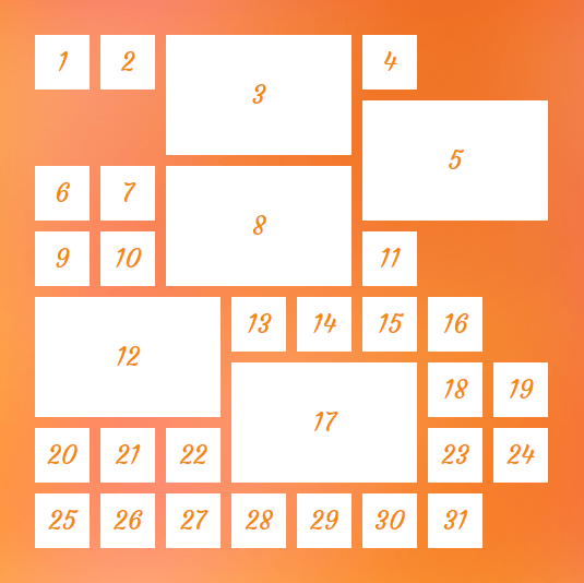 An 8-by-8 grid that contains 31 items inside with a few of them expanded.