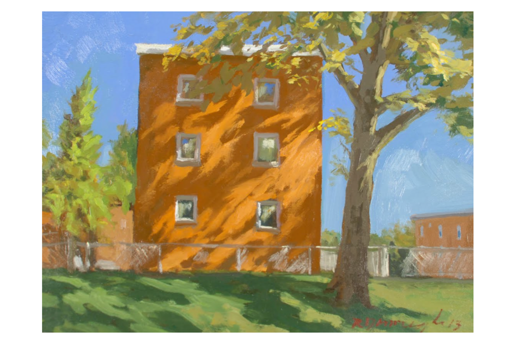 An oil painting of a tall rectangular orange building with six windows, two by two, and a faint full-width fence in front of it. There is a similar building off in the distance. A tall birch tree is in the foreground with light green and yellow leaves, casting the dappled light effect that is being covered in this article. The shadows cover the green grass between the tree and building, and they extend to the building.