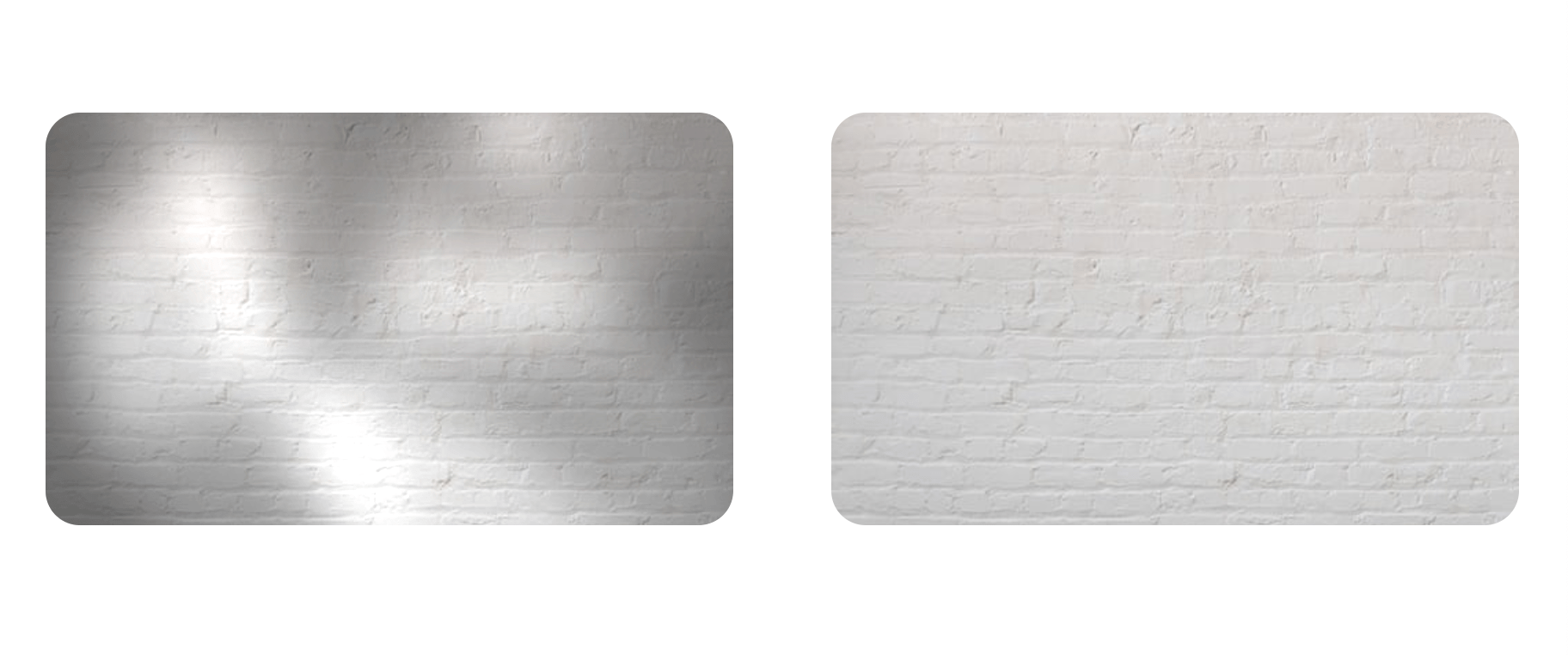 A side-by-side comparison of the same white brick surface, the left showing the CSS dappled light effect compared to no shadows.