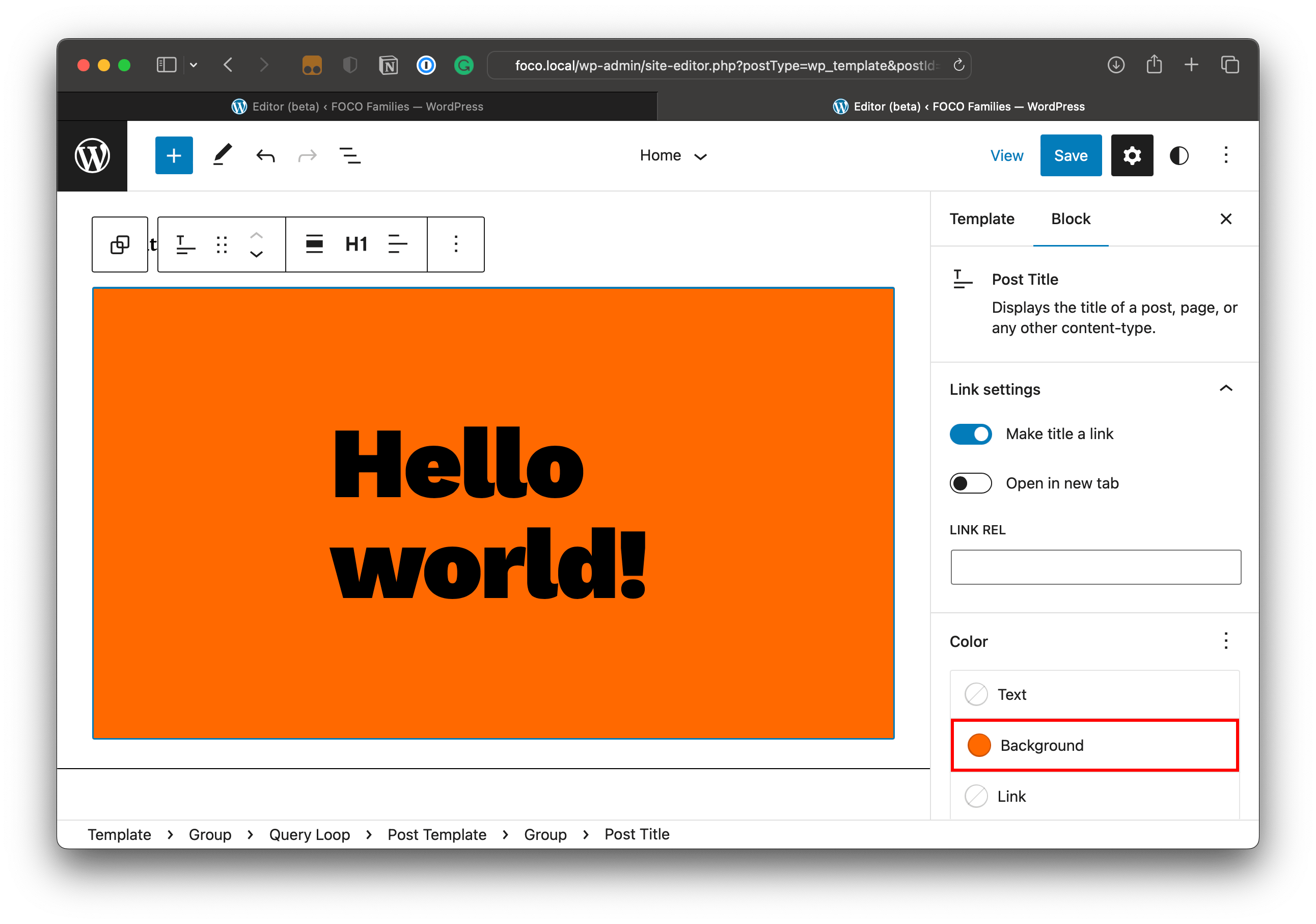 The WordPress Site Editor open on the Homepage template and displaying a large bright orange box with Hello World in it in black.