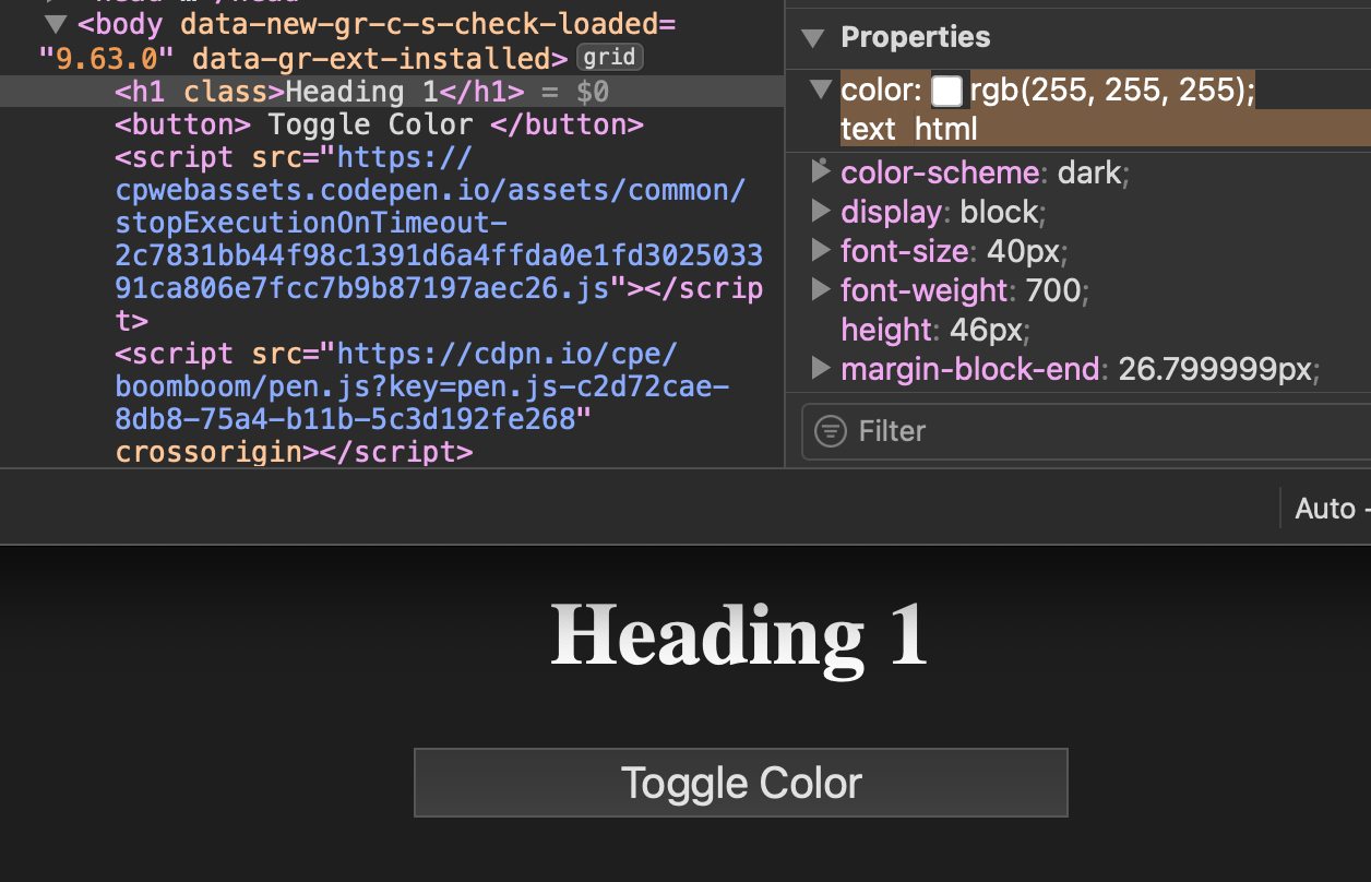 DevTools open showing the computed Heading 1 styles.